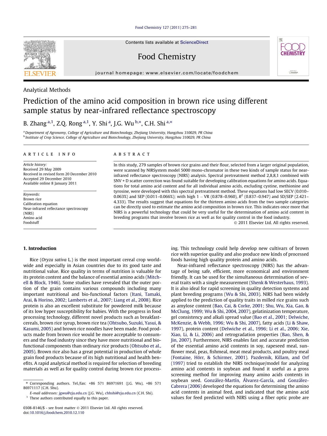 Prediction of the amino acid composition in brown rice using different sample status by near-infrared reflectance spectroscopy by B. Zhang & Z.Q. Rong & Y. Shi & J.G. Wu & C.H. Shi
