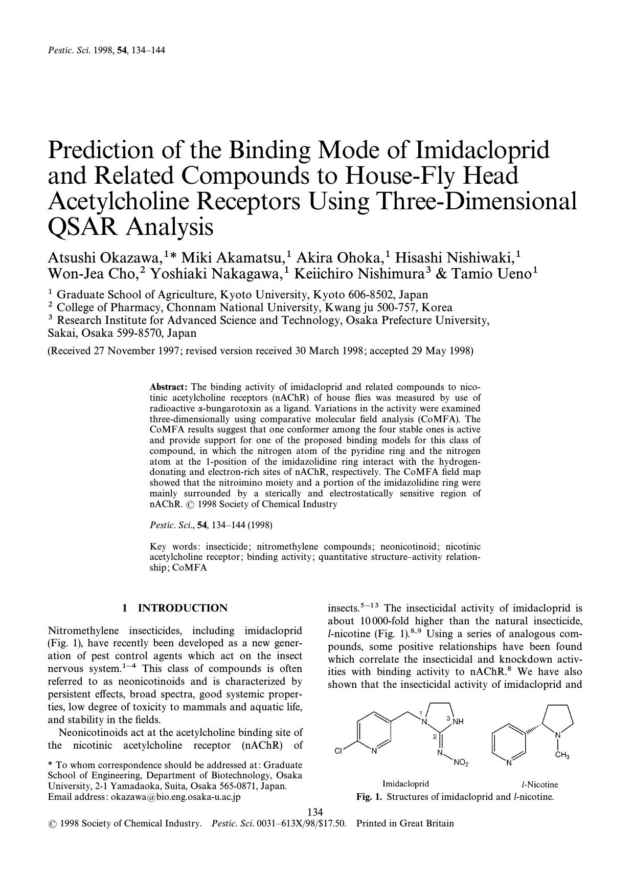 Prediction of the binding mode of imidacloprid and related compounds to housefly head acetylcholine receptors using threedimensional QSAR analysis by Okazawa Akamatsu Ohoka Nishiwaki Cho Nakagawa Nishimura Ueno