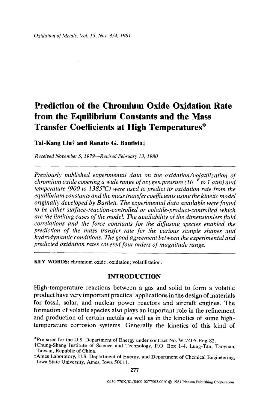 Prediction of the chromium oxide oxidation rate from the equilibrium constants and the mass transfer coefficients at high temperatures by Unknown
