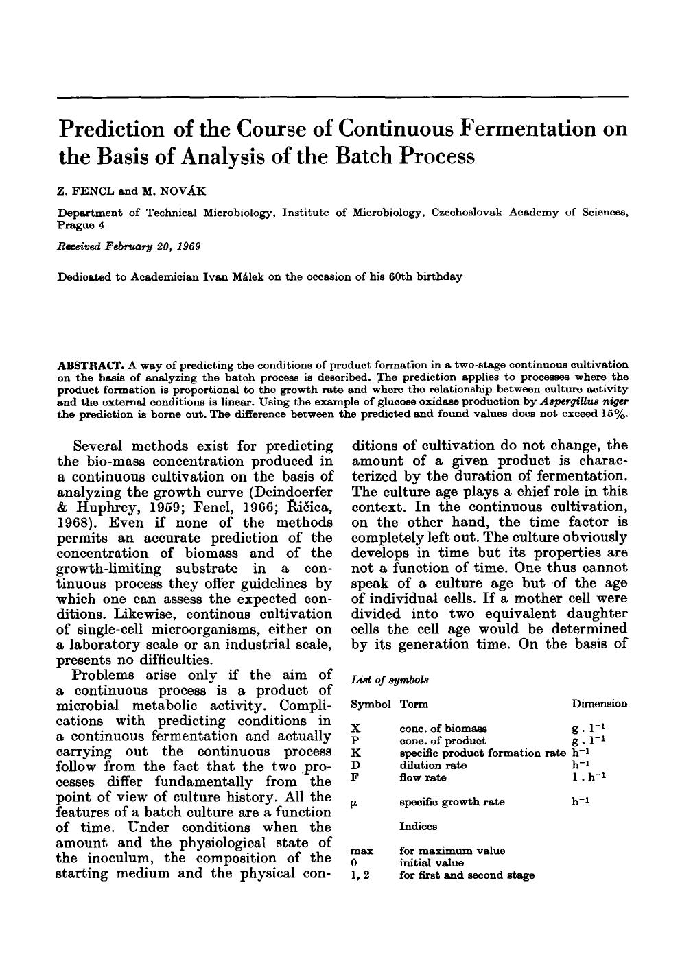 Prediction of the course of continuous fermentation on the basis of analysis of the batch process by Unknown