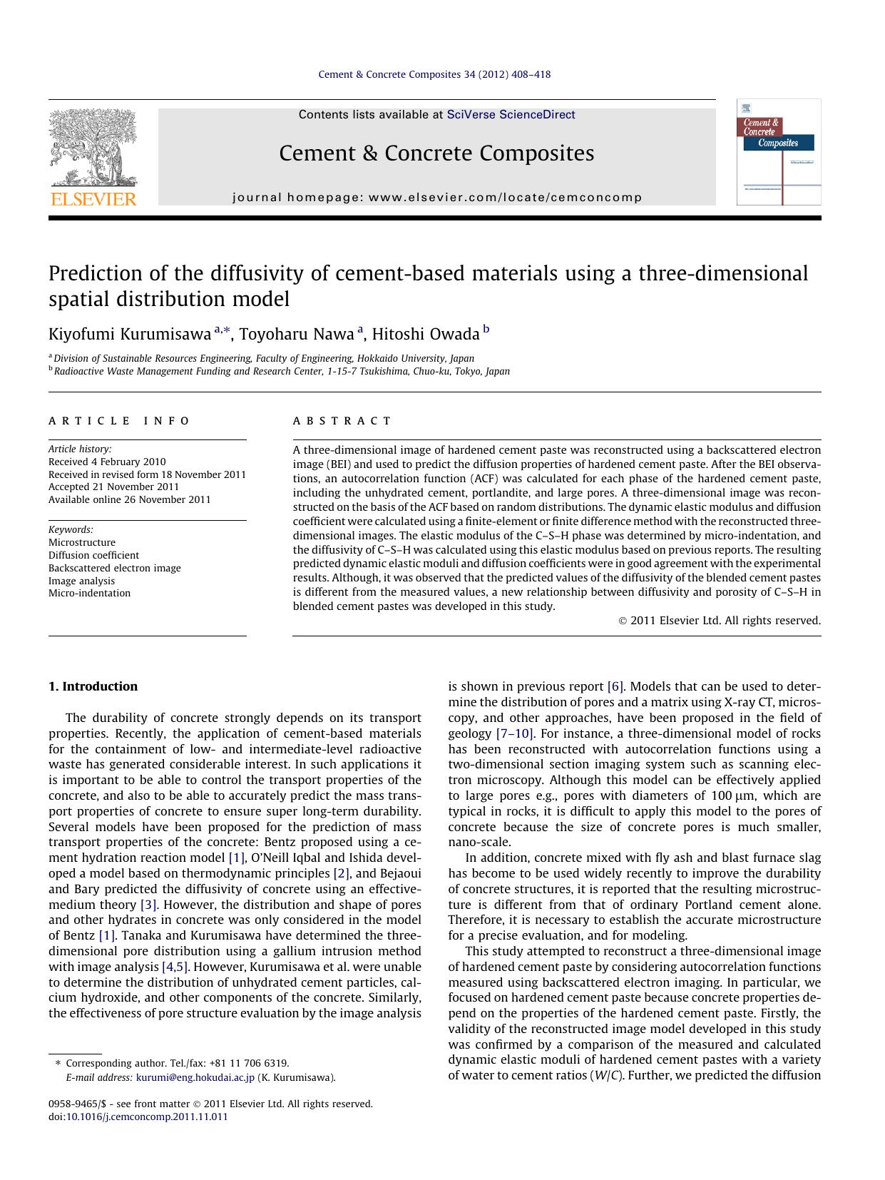 Prediction of the diffusivity of cement-based materials using a three-dimensional spatial distribution model by Kiyofumi Kurumisawa & Toyoharu Nawa & Hitoshi Owada