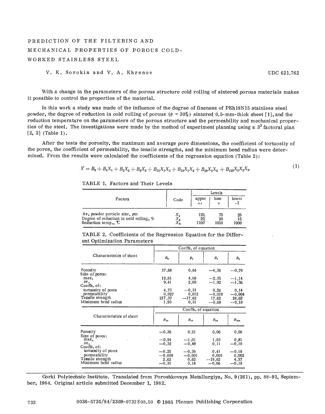 Prediction of the filtering and mechanical properties of porous cold-worked stainless steel by Unknown