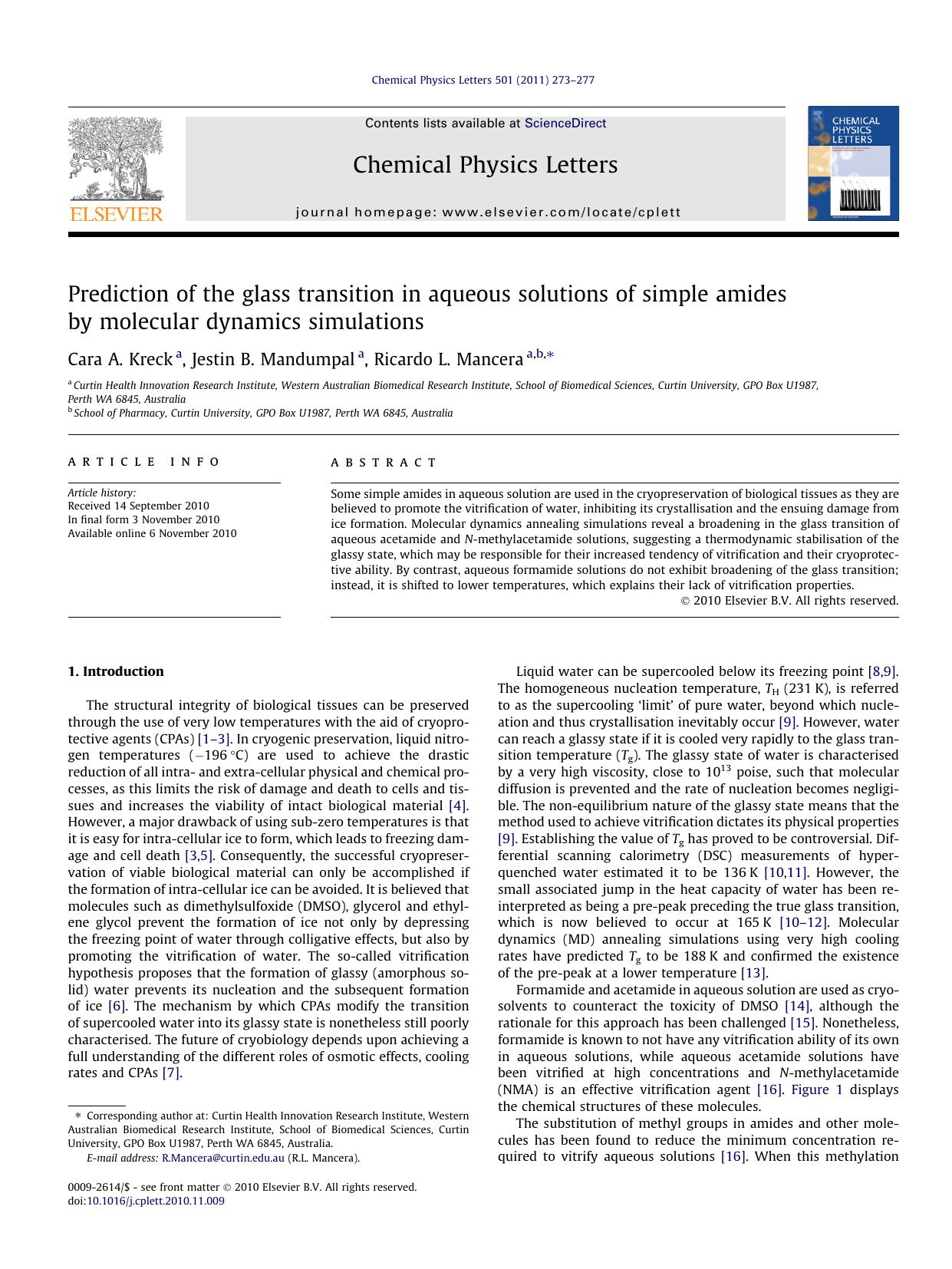 Prediction of the glass transition in aqueous solutions of simple amides by molecular dynamics simulations by Cara A. Kreck & Jestin B. Mandumpal & Ricardo L. Mancera