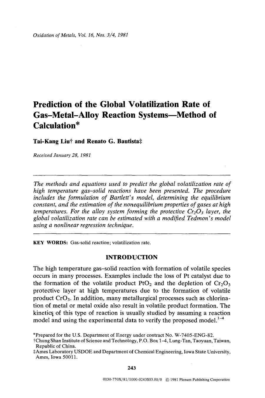 Prediction of the global volatilization rate of gas-metal-alloy reaction systems—Method of calculation by Unknown