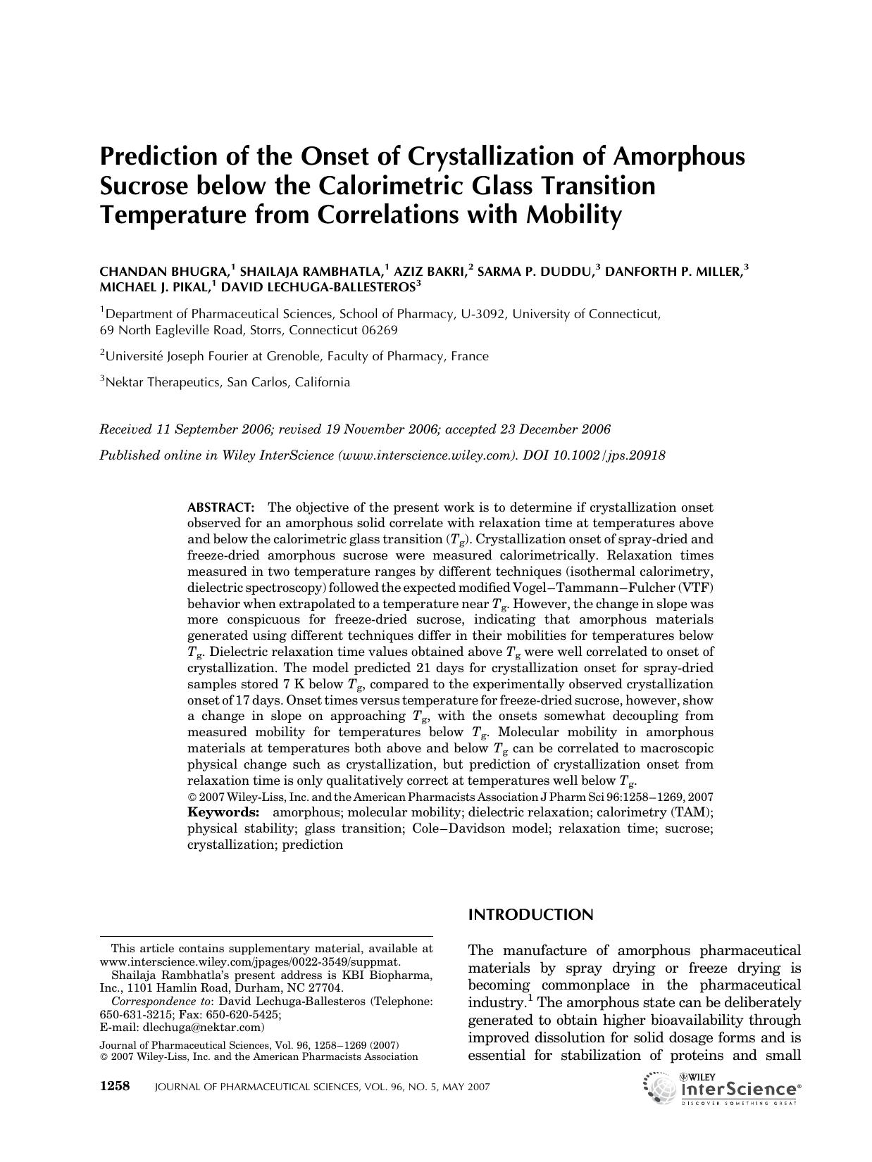 Prediction of the onset of crystallization of amorphous sucrose below the calorimetric glass transition temperature from correlations with mobility by Unknown