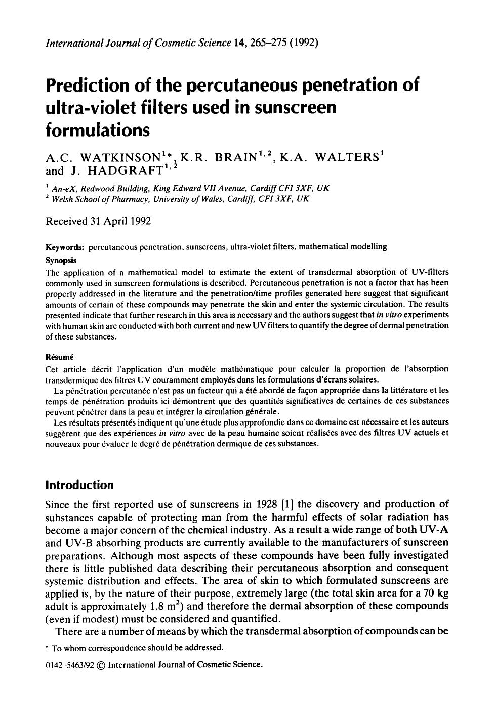 Prediction of the percutaneous penetration of ultra-violet filters used in sunscreen formulations by Unknown