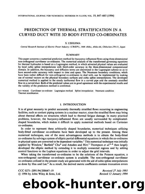 Prediction of thermal stratification in a curved duct with 3D body-fitted co-ordinates by Unknown
