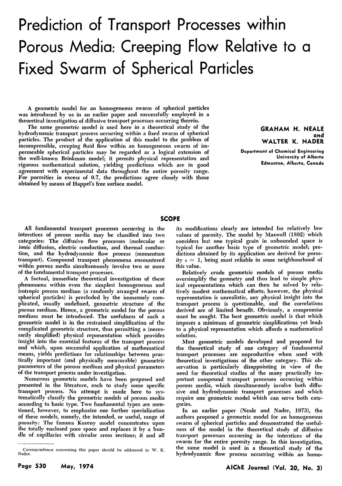 Prediction of transport processes within porous media: Creeping flow relative to a fixed swarm of spherical particles by Unknown