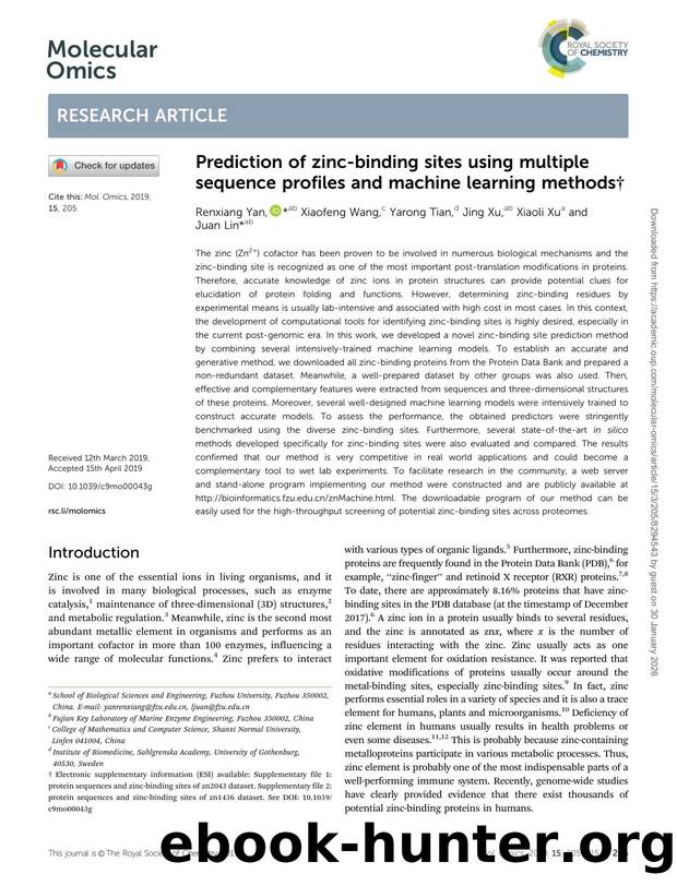 Prediction of zinc-binding sites using multiple sequence profiles and machine learning methods by Renxiang Yan