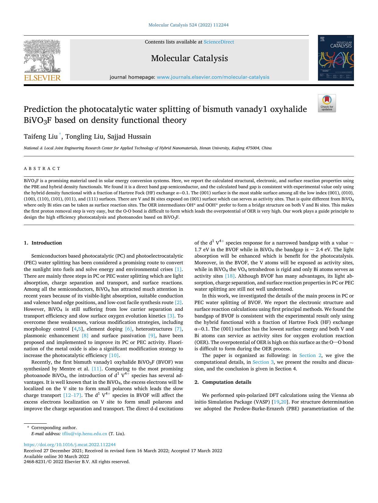Prediction the photocatalytic water splitting of bismuth vanady1 oxyhalide BiVO3F based on density functional theory by Taifeng Liu & Tongling Liu & Sajjad Hussain
