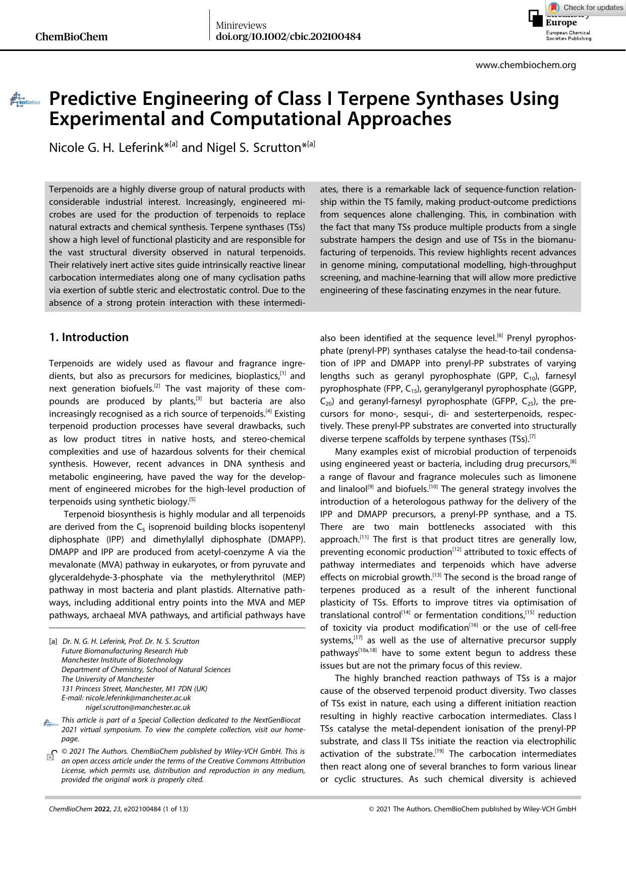 Predictive Engineering of Class I Terpene Synthases Using Experimental and Computational Approaches by Unknown