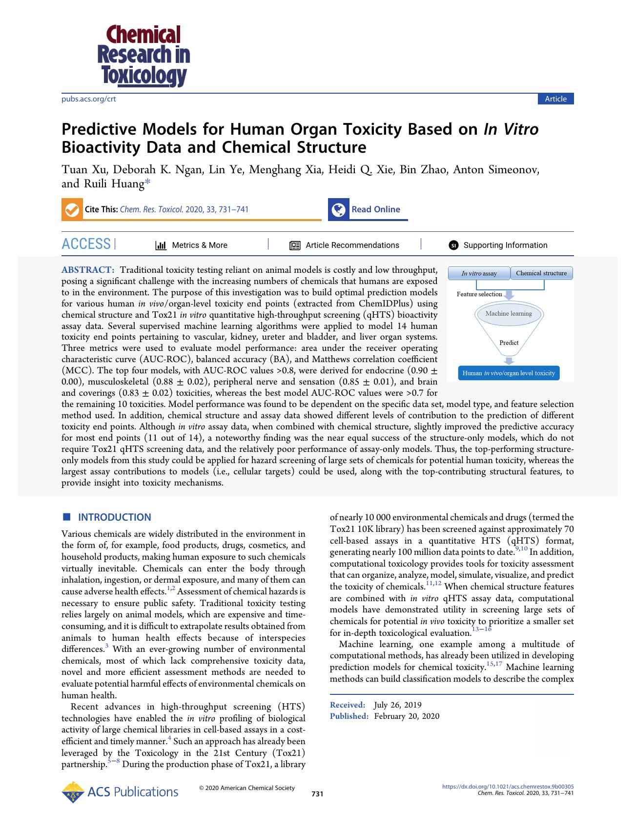 Predictive Models for Human Organ Toxicity Based on In Vitro Bioactivity Data and Chemical Structure by unknow