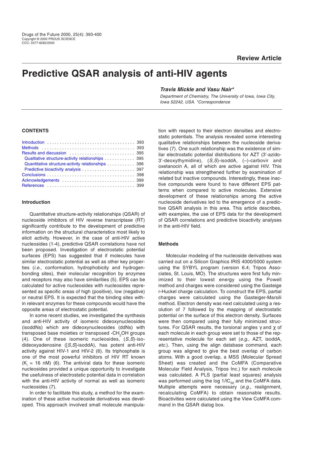 Predictive QSAR analysis of anti-HIV agents by Prous Science (c) 2000