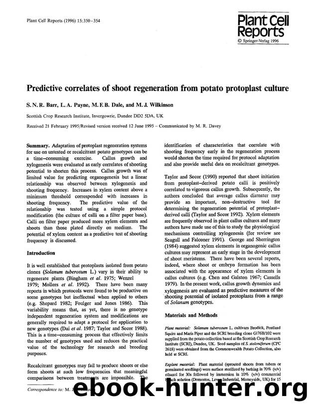 Predictive correlates of shoot regeneration from potato protoplast culture by Unknown