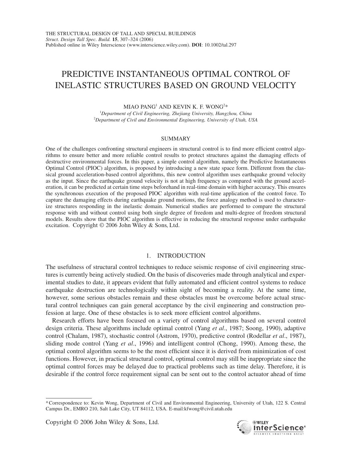 Predictive instantaneous optimal control of inelastic structures based on ground velocity by M34
