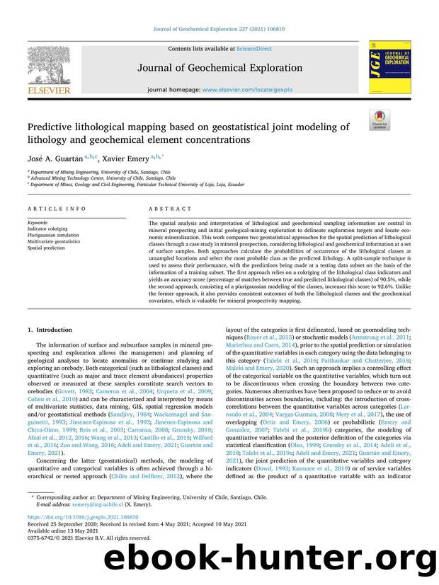 Predictive lithological mapping based on geostatistical joint modeling of lithology and geochemical element concentrations by José A. Guartán & Xavier Emery