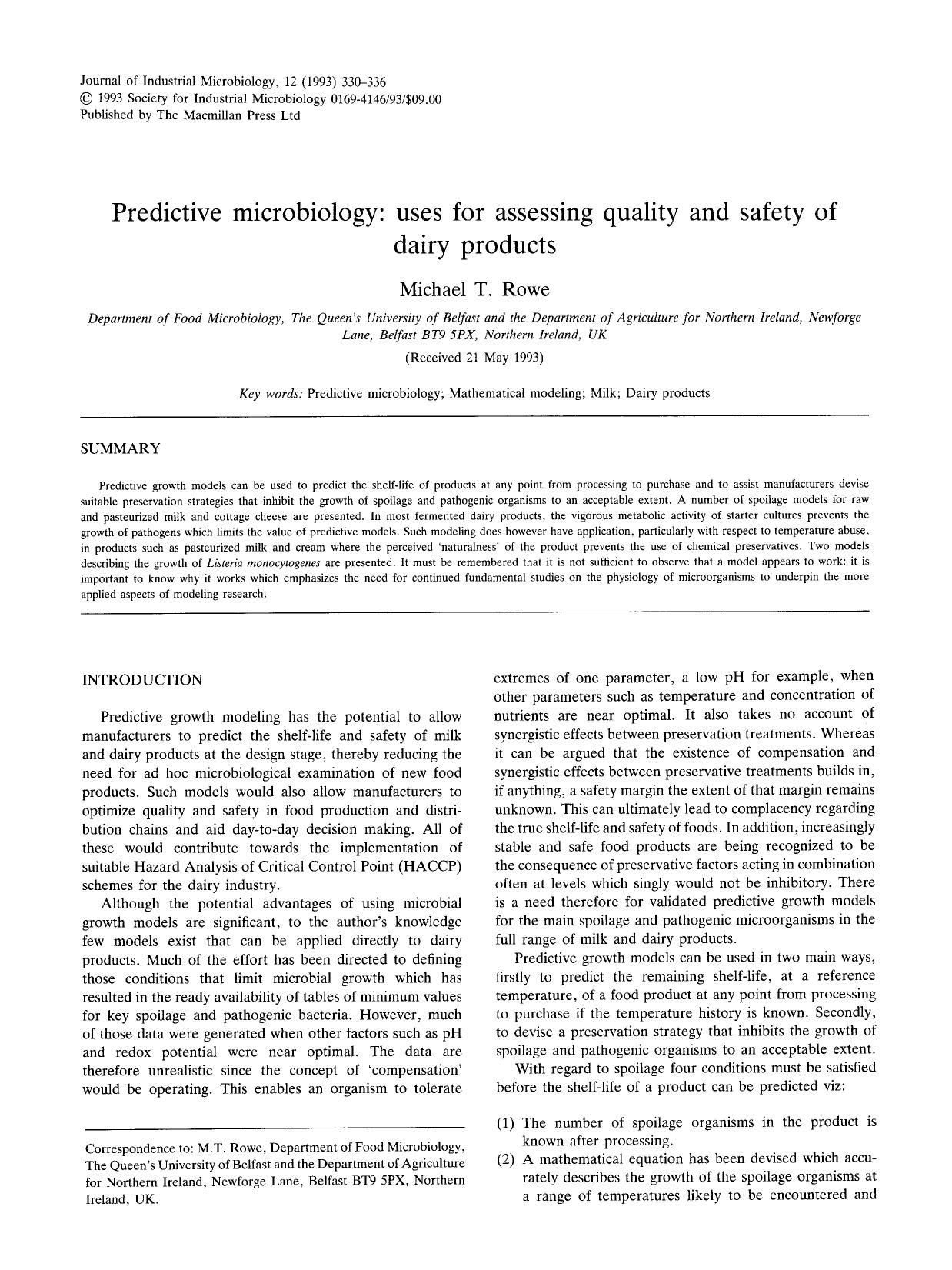 Predictive microbiology: Uses for assessing quality and safety of dairy products by Unknown