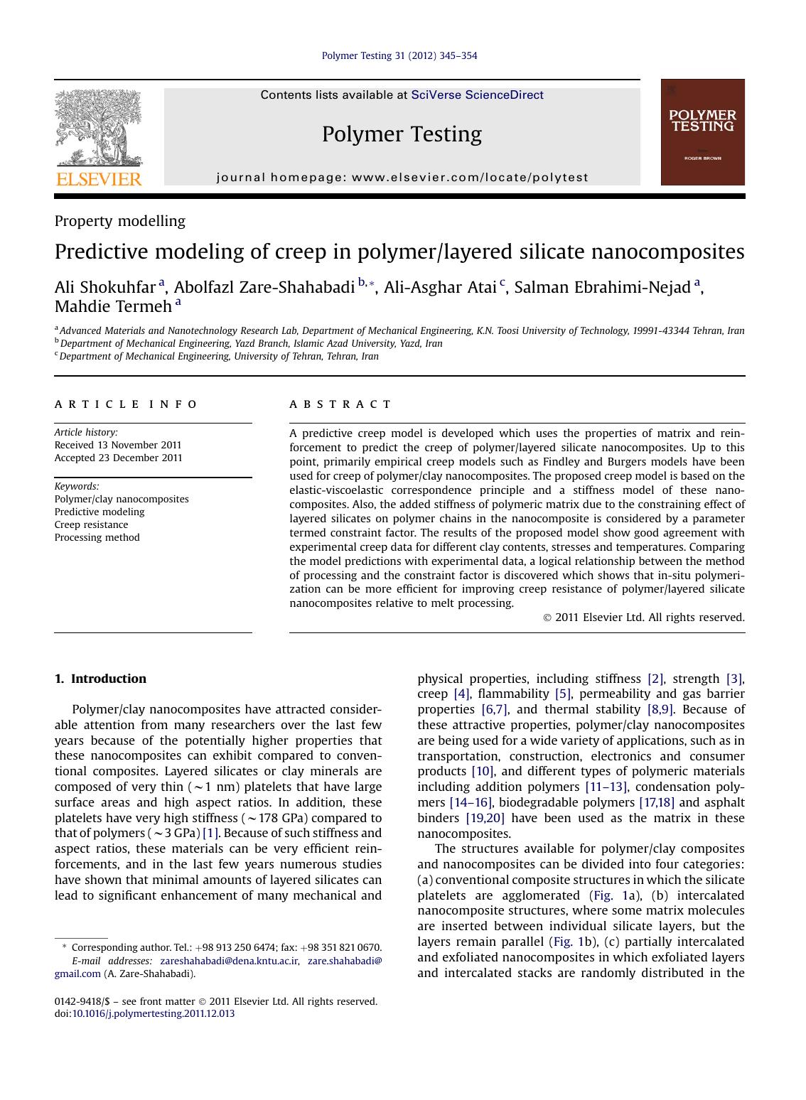 Predictive modeling of creep in polymerlayered silicate nanocomposites by Ali Shokuhfar & Abolfazl Zare-Shahabadi & Ali-Asghar Atai & Salman Ebrahimi-Nejad & Mahdie Termeh
