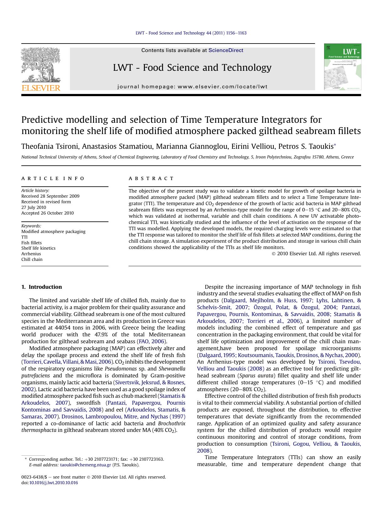 Predictive modelling and selection of Time Temperature Integrators for monitoring the shelf life of modified atmosphere packed gilthead seabream fillets by Theofania Tsironi & Anastasios Stamatiou & Marianna Giannoglou & Eirini Velliou & Petros S. Taoukis
