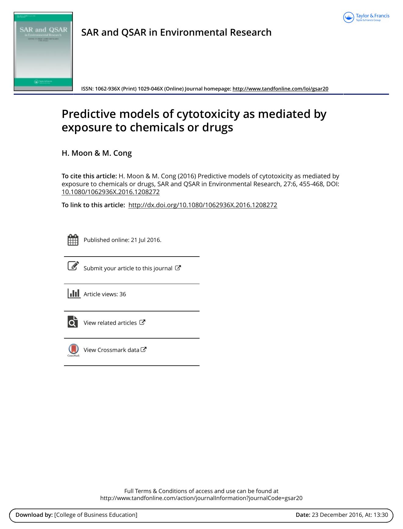 Predictive models of cytotoxicity as mediated by exposure to chemicals or drugs by H. Moon & M. Cong