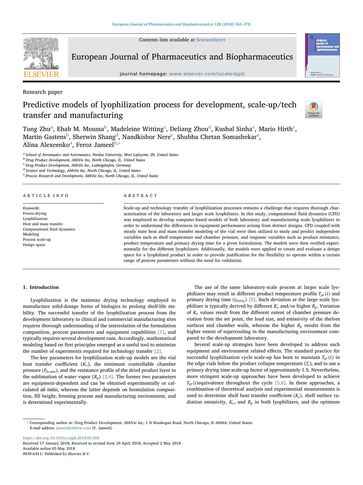 Predictive models of lyophilization process for development, scale-uptech transfer and manufacturing by unknow
