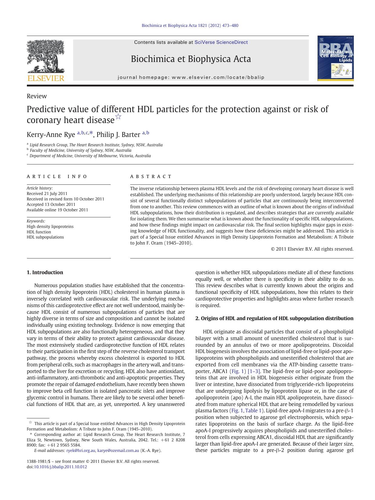 Predictive value of different HDL particles for the protection against or risk of coronary heart disease by Kerry-Anne Rye