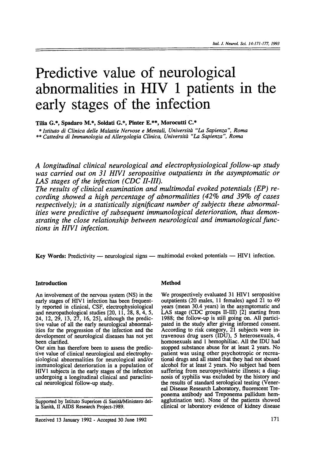 Predictive value of neurological abnormalities in HIV 1 patients in the early stages of the infection by Unknown
