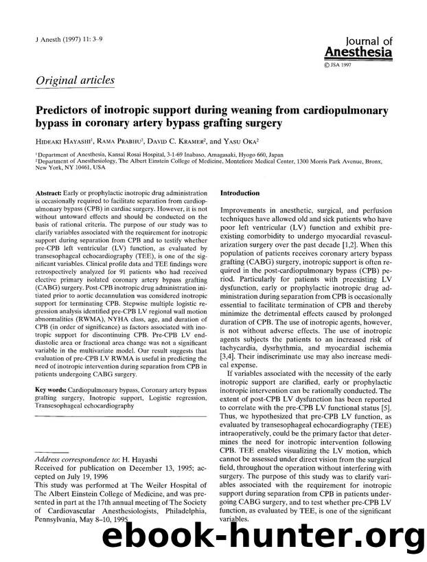 Predictors of inotropic support during weaning from cardiopulmonary bypass in coronary artery bypass grafting surgery by Unknown