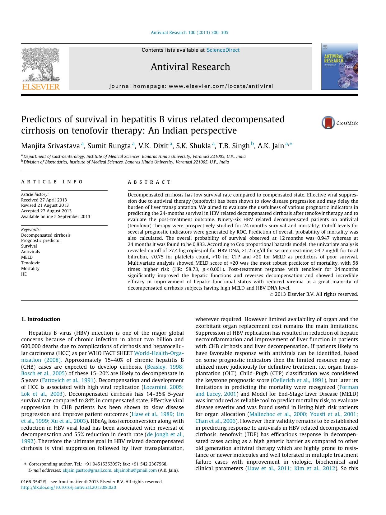 Predictors of survival in hepatitis B virus related decompensated cirrhosis on tenofovir therapy: An Indian perspective by Manjita Srivastava & Sumit Rungta & V.K. Dixit & S.K. Shukla & T.B. Singh & A.K. Jain