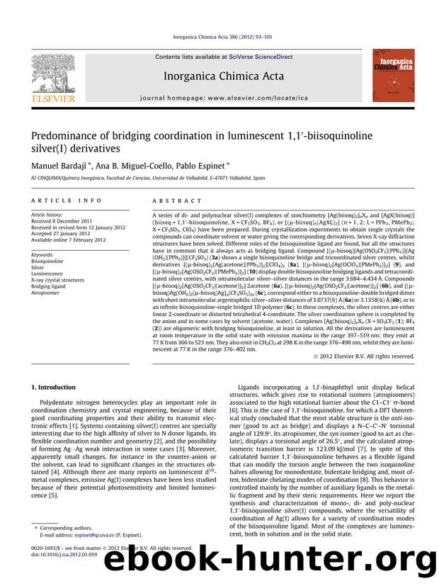 Predominance of bridging coordination in luminescent 1,1Ã¢â¬Â²-biisoquinoline silver(I) derivatives by Manuel BardajÃ­ & Ana B. Miguel-Coello & Pablo Espinet