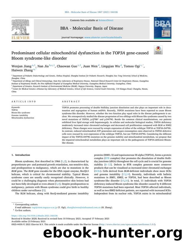 Predominant cellular mitochondrial dysfunction in the TOP3A gene-caused Bloom syndrome-like disorder by Wenjun Jiang & Nan Jia & Chaowan Guo & Juan Wen & Lingqian Wu & Tomoo Ogi & Huiwen Zhang
