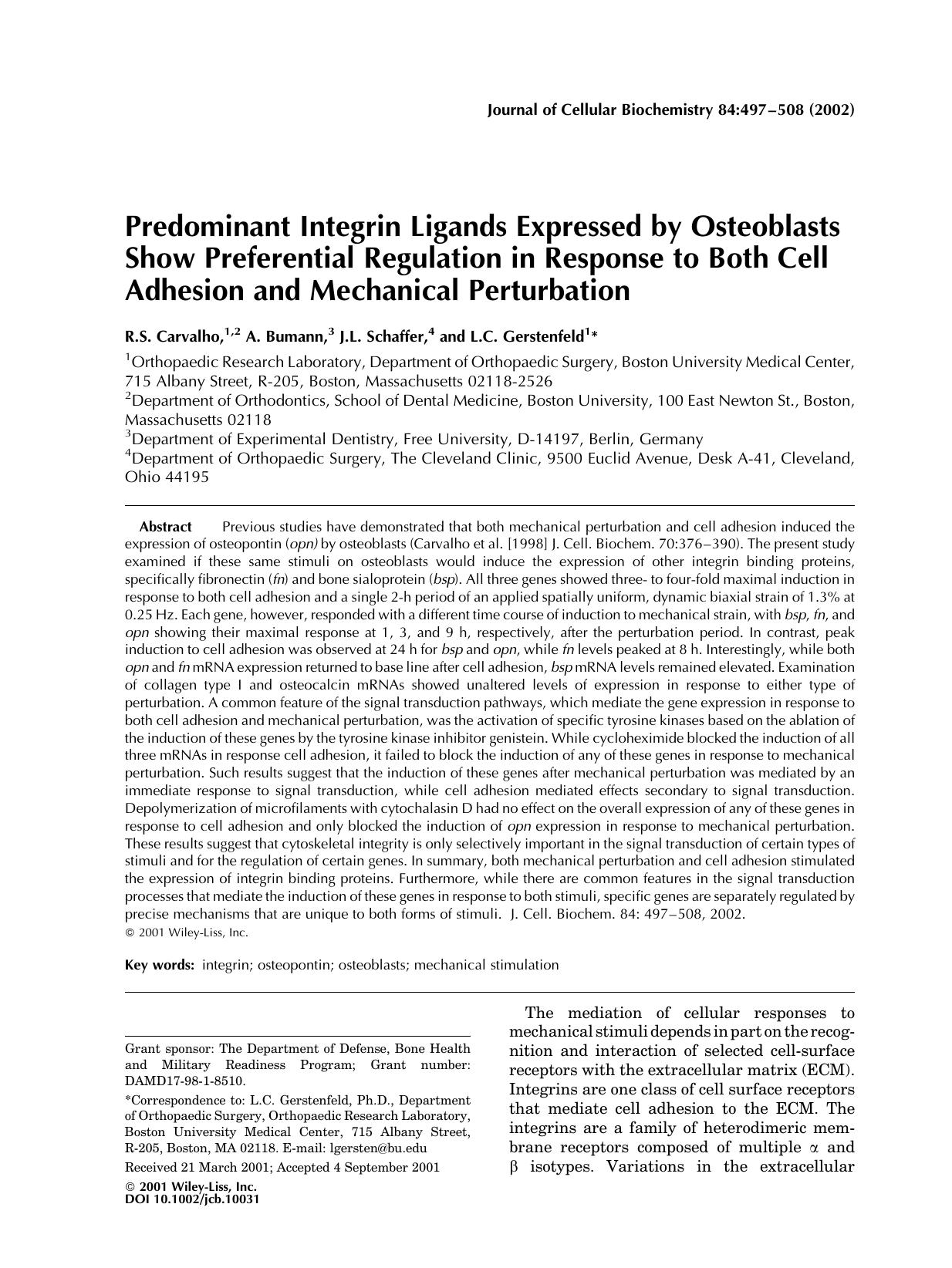 Predominant integrin ligands expressed by osteoblasts show preferential regulation in response to both cell adhesion and mechanical perturbation by Unknown