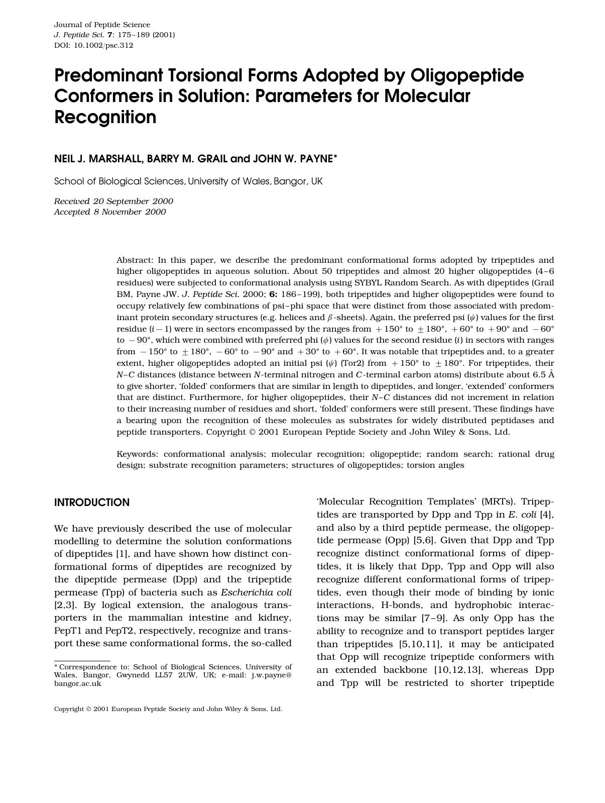 Predominant torsional forms adopted by oligopeptide conformers in solution: parameters for molecular recognition by Unknown