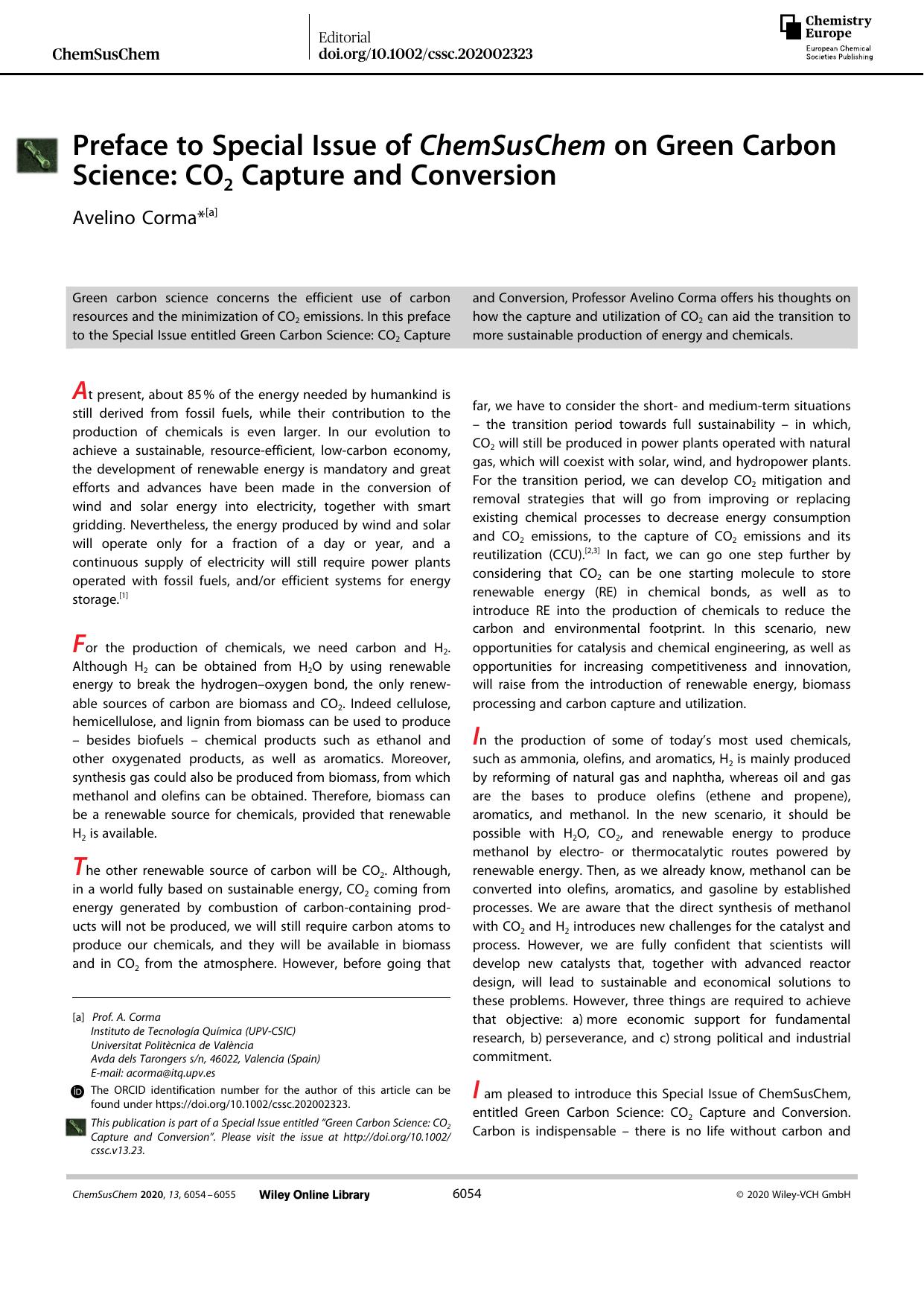 Preface to Special Issue of ChemSusChem on Green Carbon Science: CO2 Capture and Conversion by Unknown