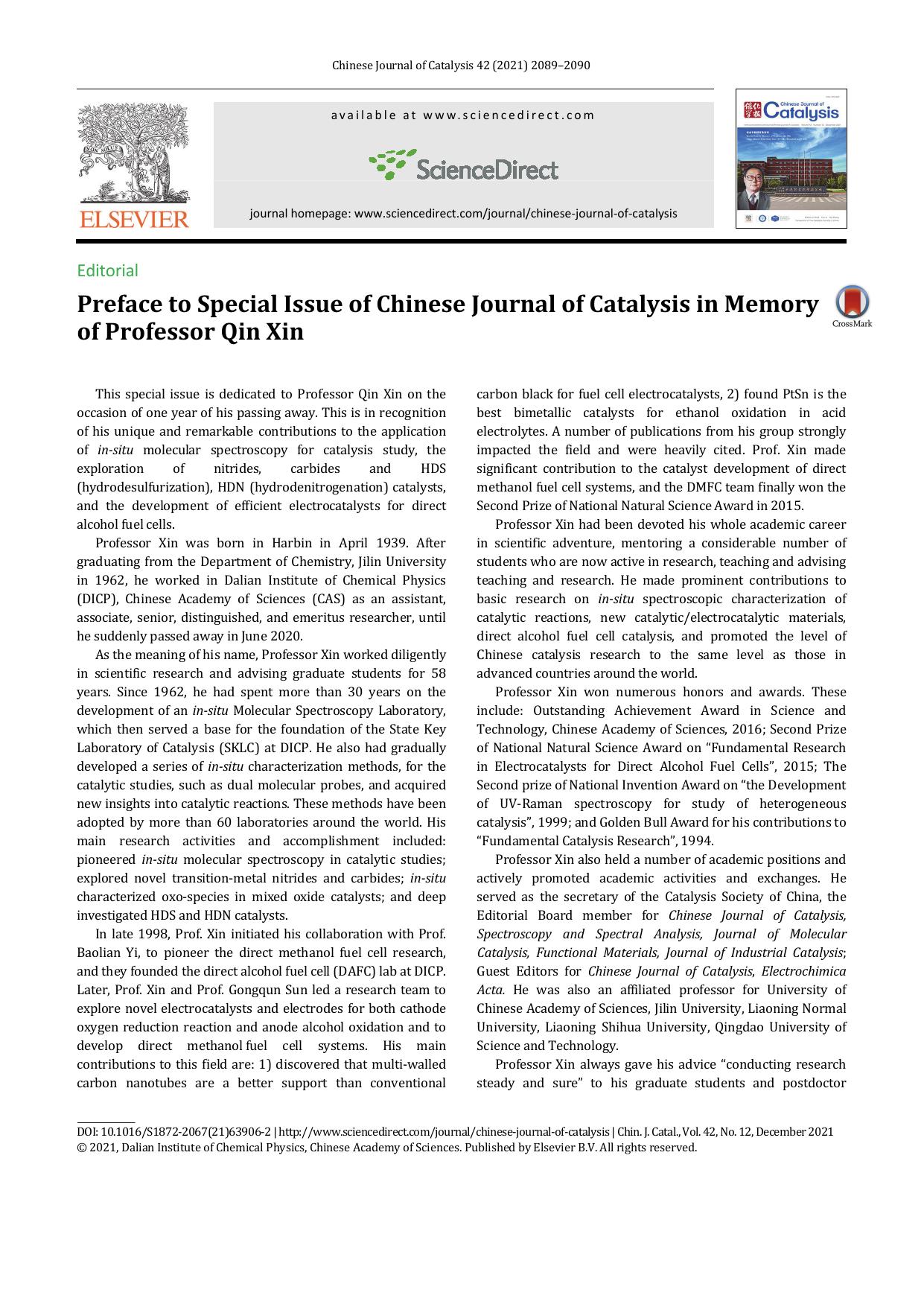 Preface to Special Issue of Chinese Journal of Catalysis in Memory of Professor Qin Xin by Feng-Shou Xiao & Wenzhen Li