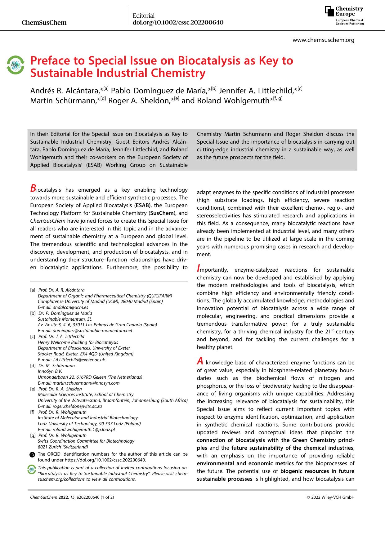 Preface to Special Issue on Biocatalysis as Key to Sustainable Industrial Chemistry by Unknown