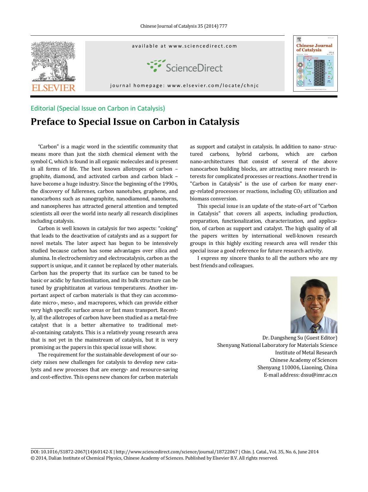 Preface to Special Issue on Carbon in Catalysis by Dr. Dangsheng Su