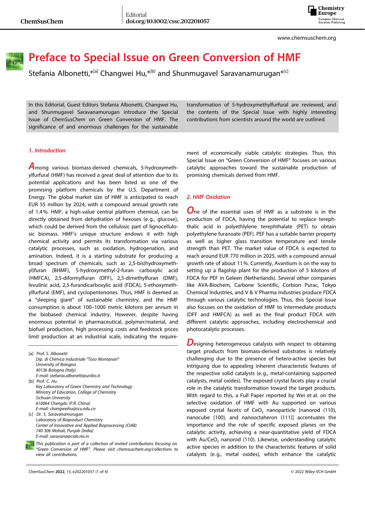 Preface to Special Issue on Green Conversion of HMF by Unknown