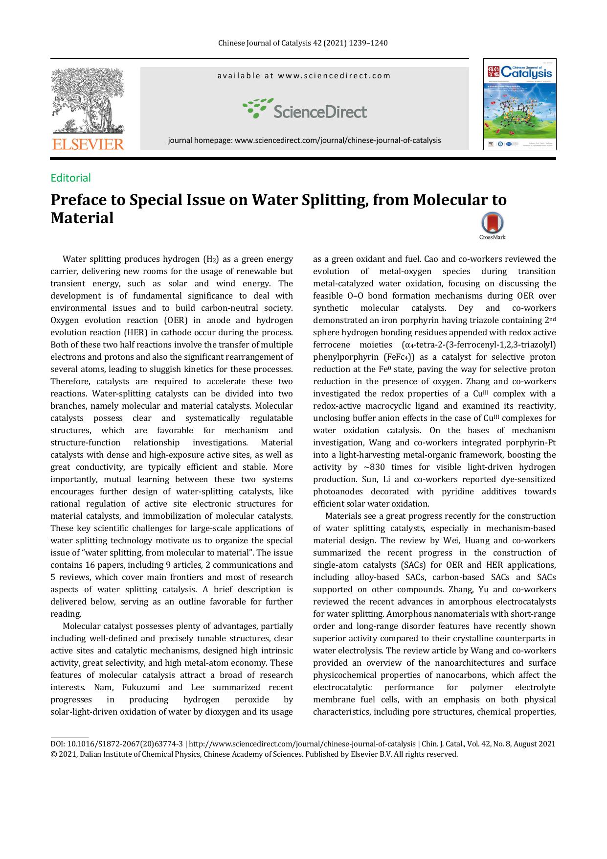 Preface to Special Issue on Water Splitting, from Molecular to Material by Dr. Rui Cao & Dr. Hai-Long Jiang