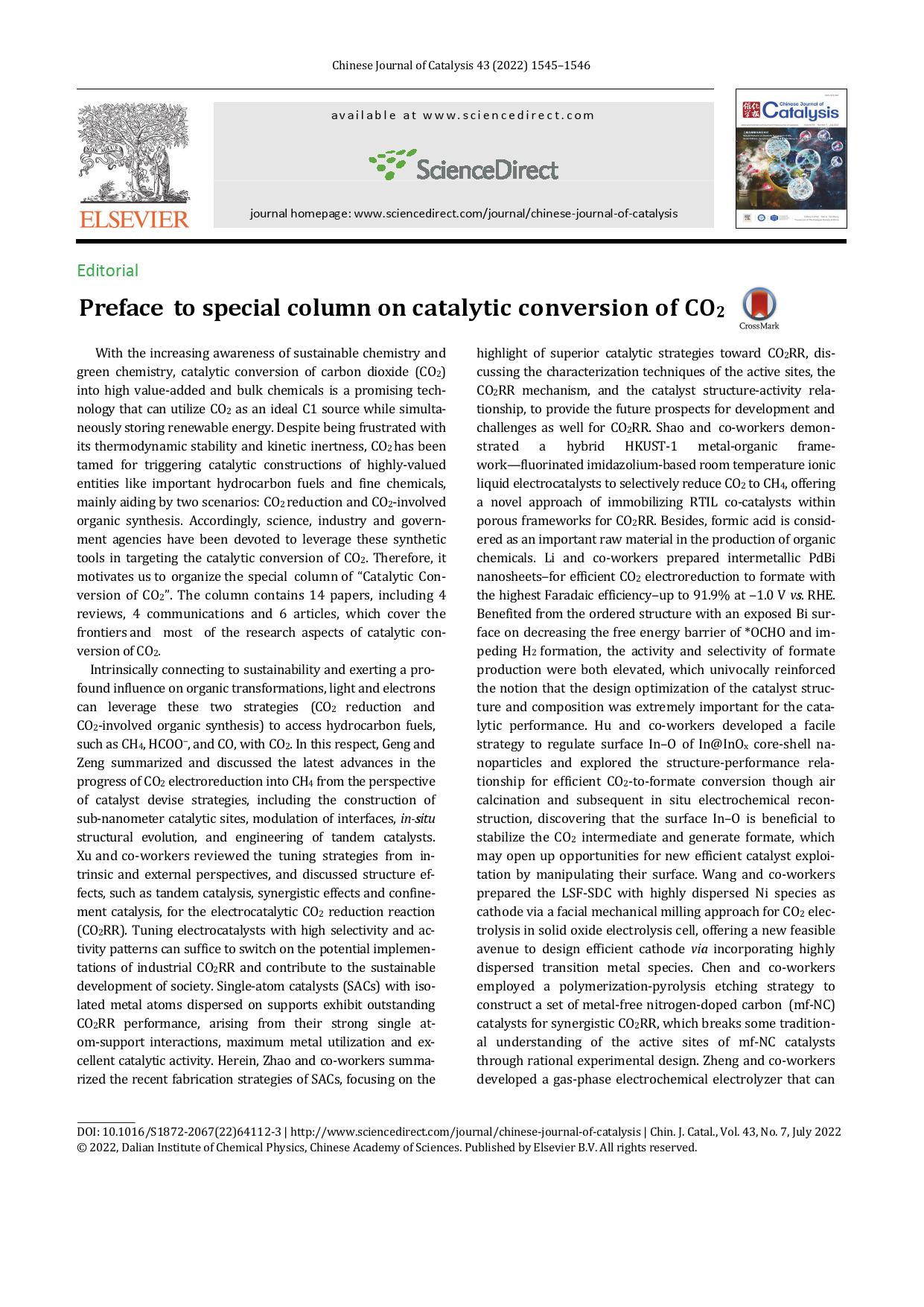 Preface to special column on catalytic conversion of CO2 by Prof. Yanqiang Huang & Prof. Da-Gang Yu & Prof. Guoxiong Wang