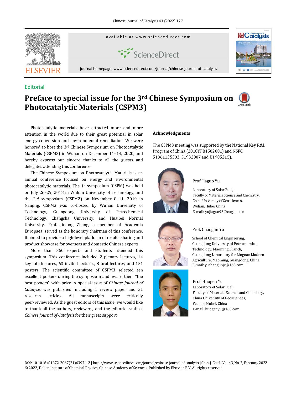 Preface to special issue for the 3rd Chinese Symposium on Photocatalytic Materials (CSPM3) by Prof. Jiaguo Yu & Prof. Changlin Yu & Prof. Huogen Yu