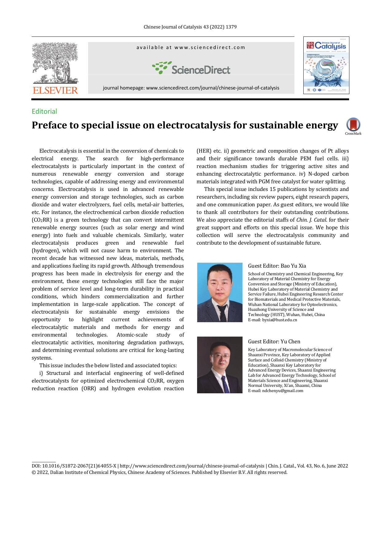 Preface to special issue on electrocatalysis for sustainable energy by Bao Yu Xia & Yu Chen