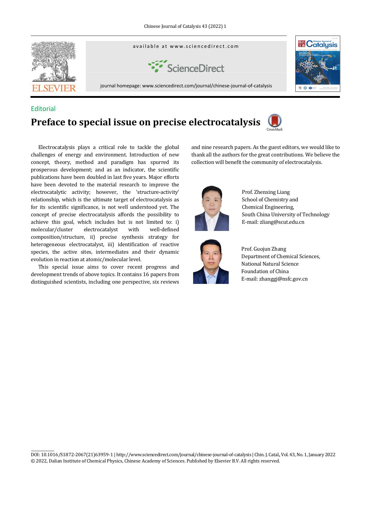 Preface to special issue on precise electrocatalysis by Prof. Zhenxing Liang & Prof. Guojun Zhang