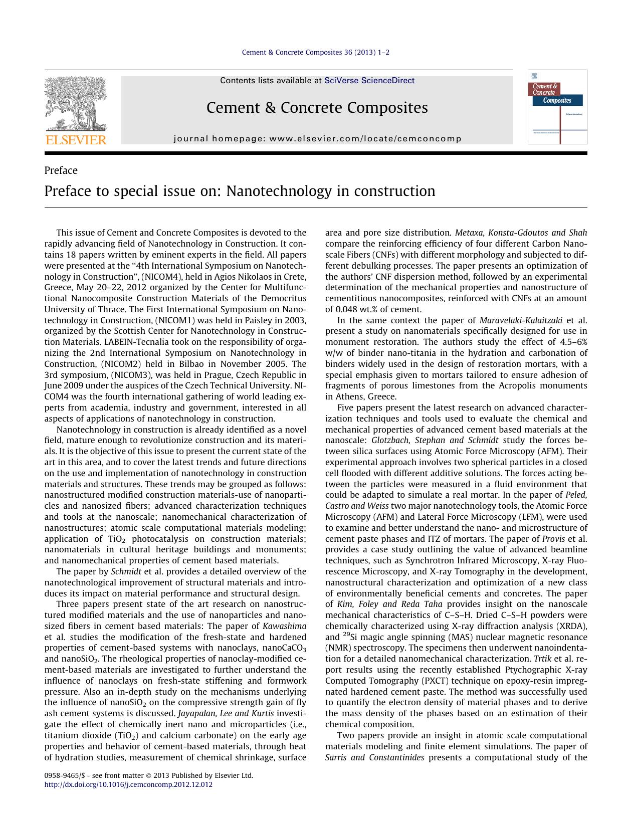 Preface to special issue on: Nanotechnology in construction by Maria S. Konsta-Gdoutos & Surendra P. Shah & Walter P. Murphy