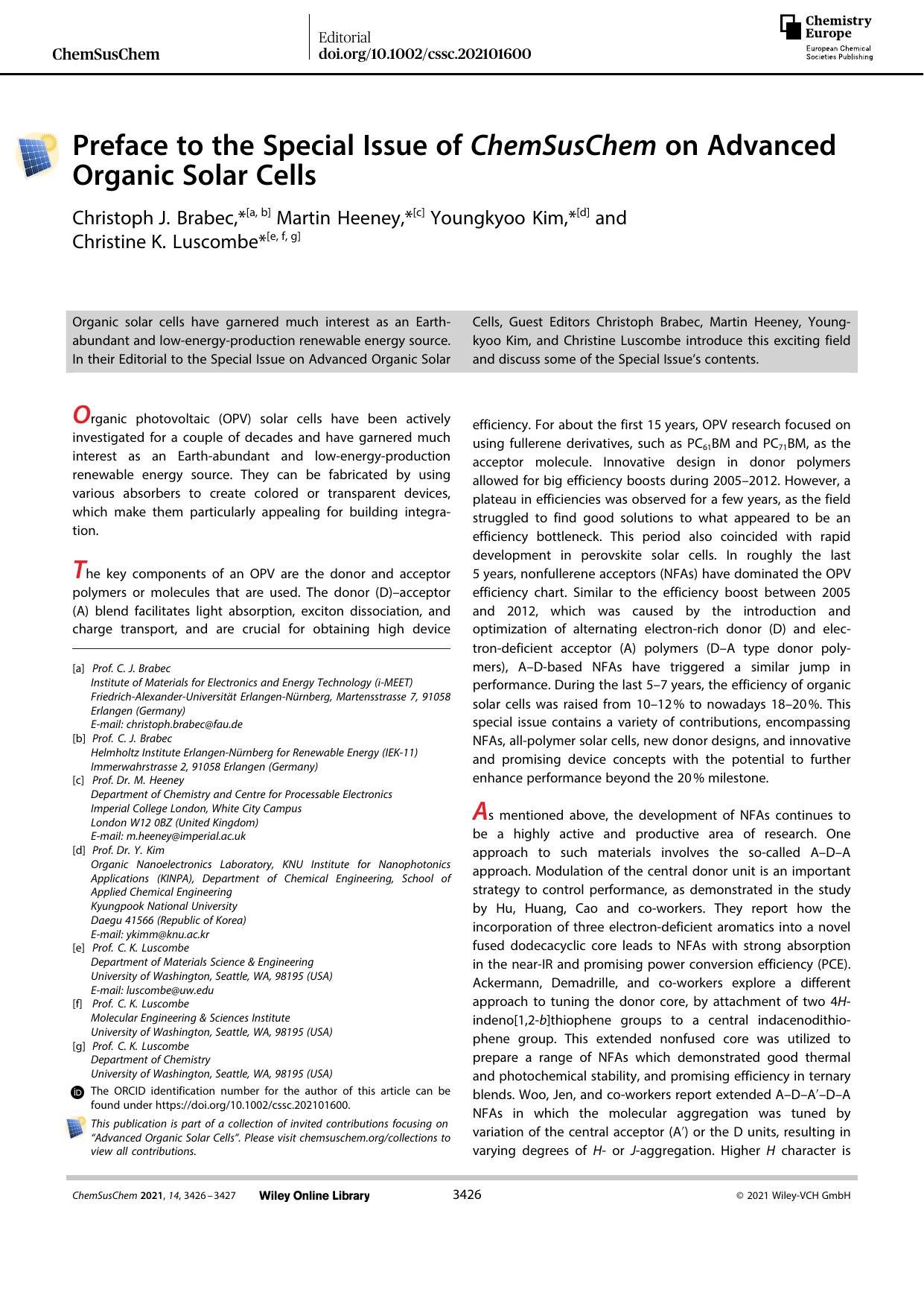 Preface to the Special Issue of ChemSusChem on Advanced Organic Solar Cells by Unknown