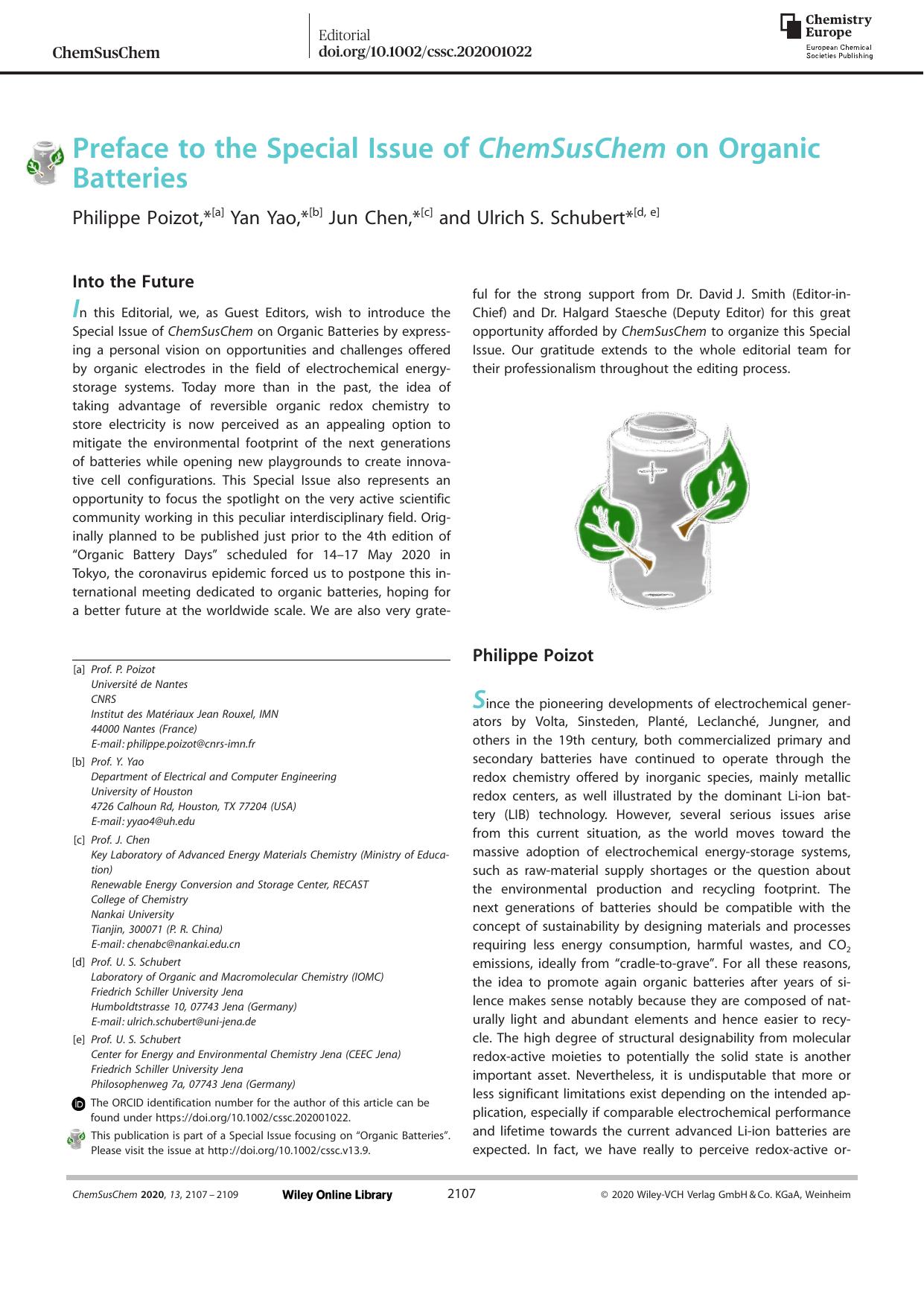 Preface to the Special Issue of ChemSusChem on Organic Batteries by Unknown