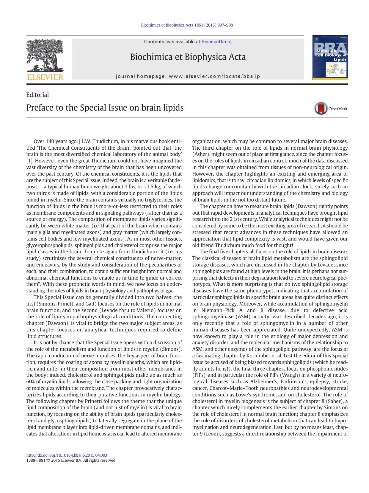 Preface to the Special Issue on brain lipids by Anthony H. Futerman