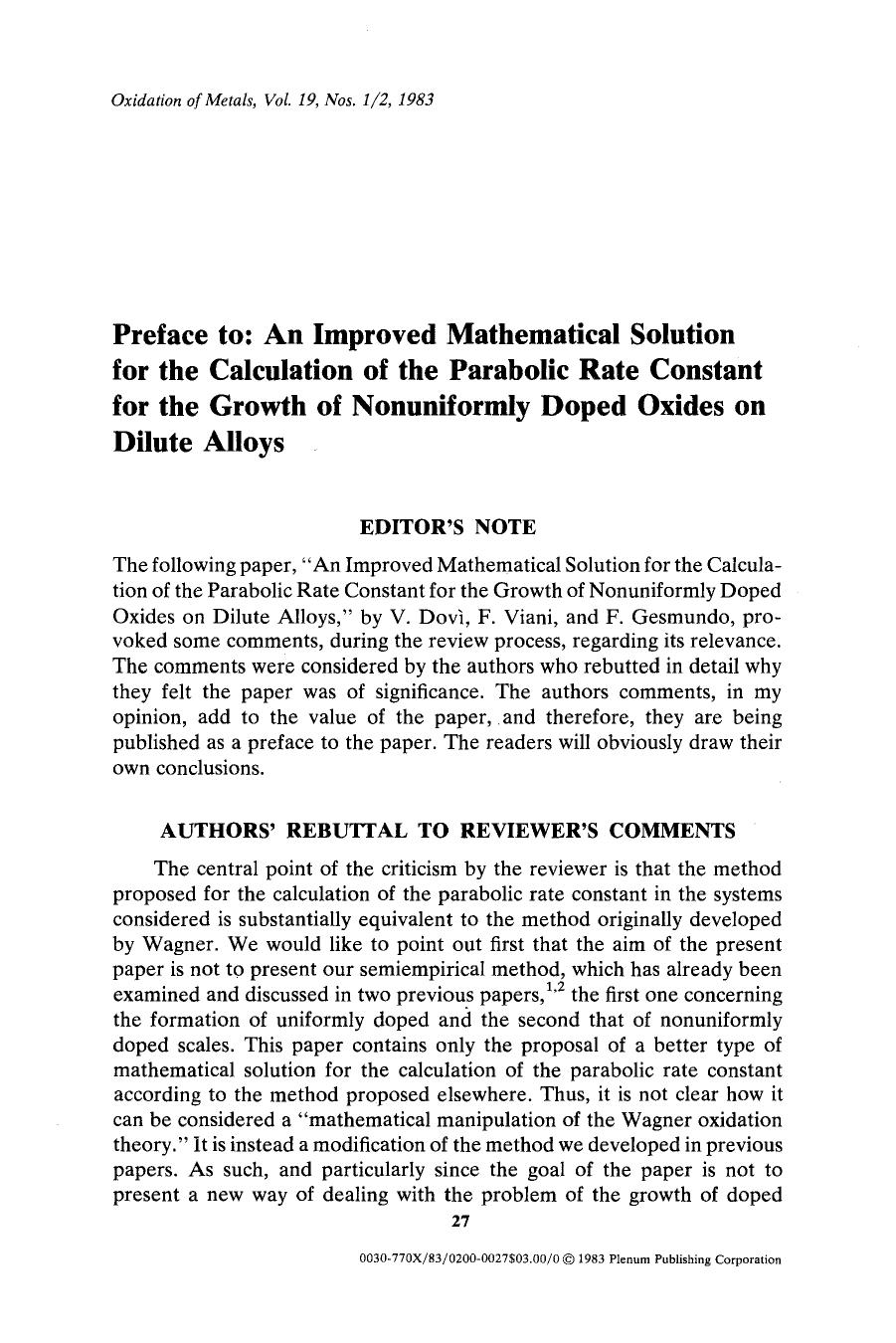 Preface to: An improved mathematical solution for the calculation of the parabolic rate constant for the growth of nonuniformly doped oxides on dilute alloys by Unknown