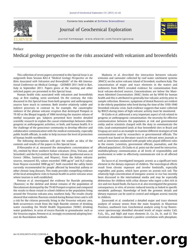 Preface: Medical geology perspective on the risks associated with volcanism and brownfields by Unknown
