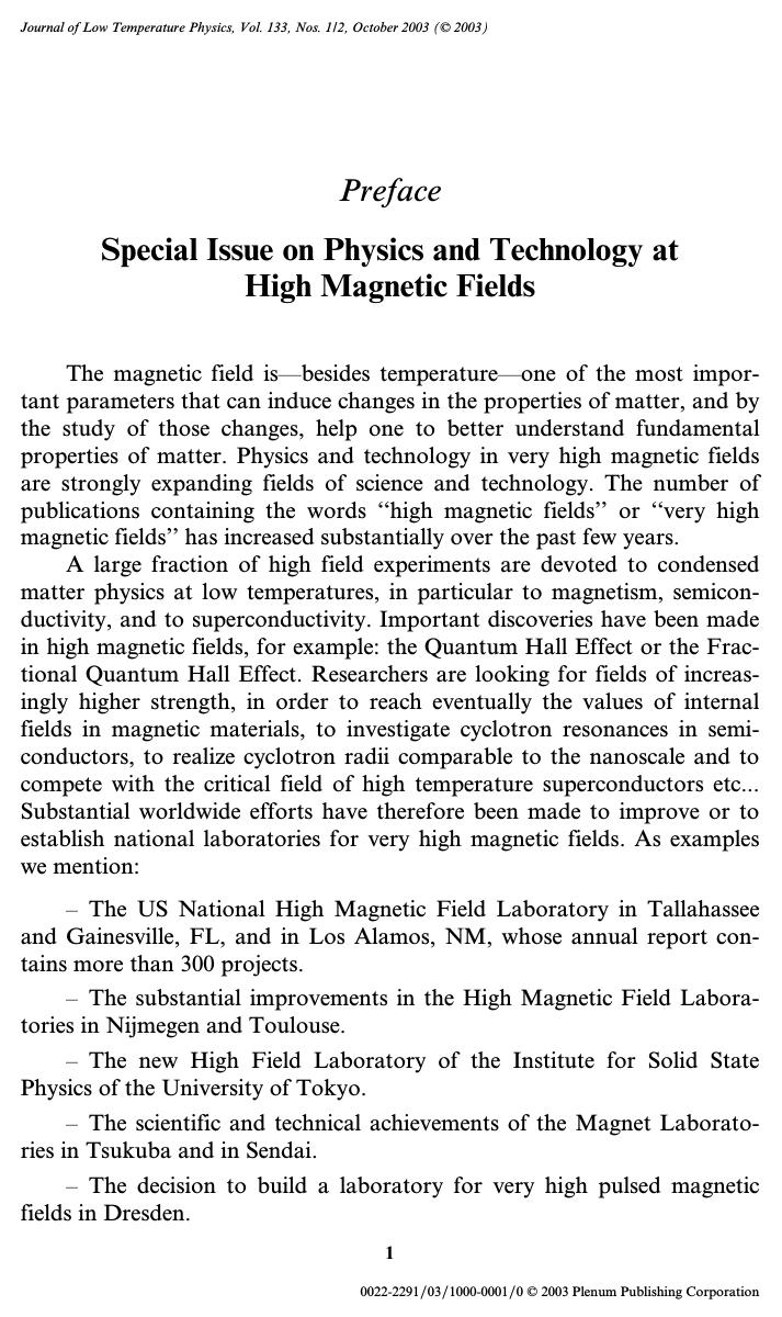 Preface: Special Issue on Physics and Technology at High Magnetic Fields by Unknown